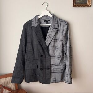 Two-Tone Plaid Double-Breasted Blazer - Black & Light Gray